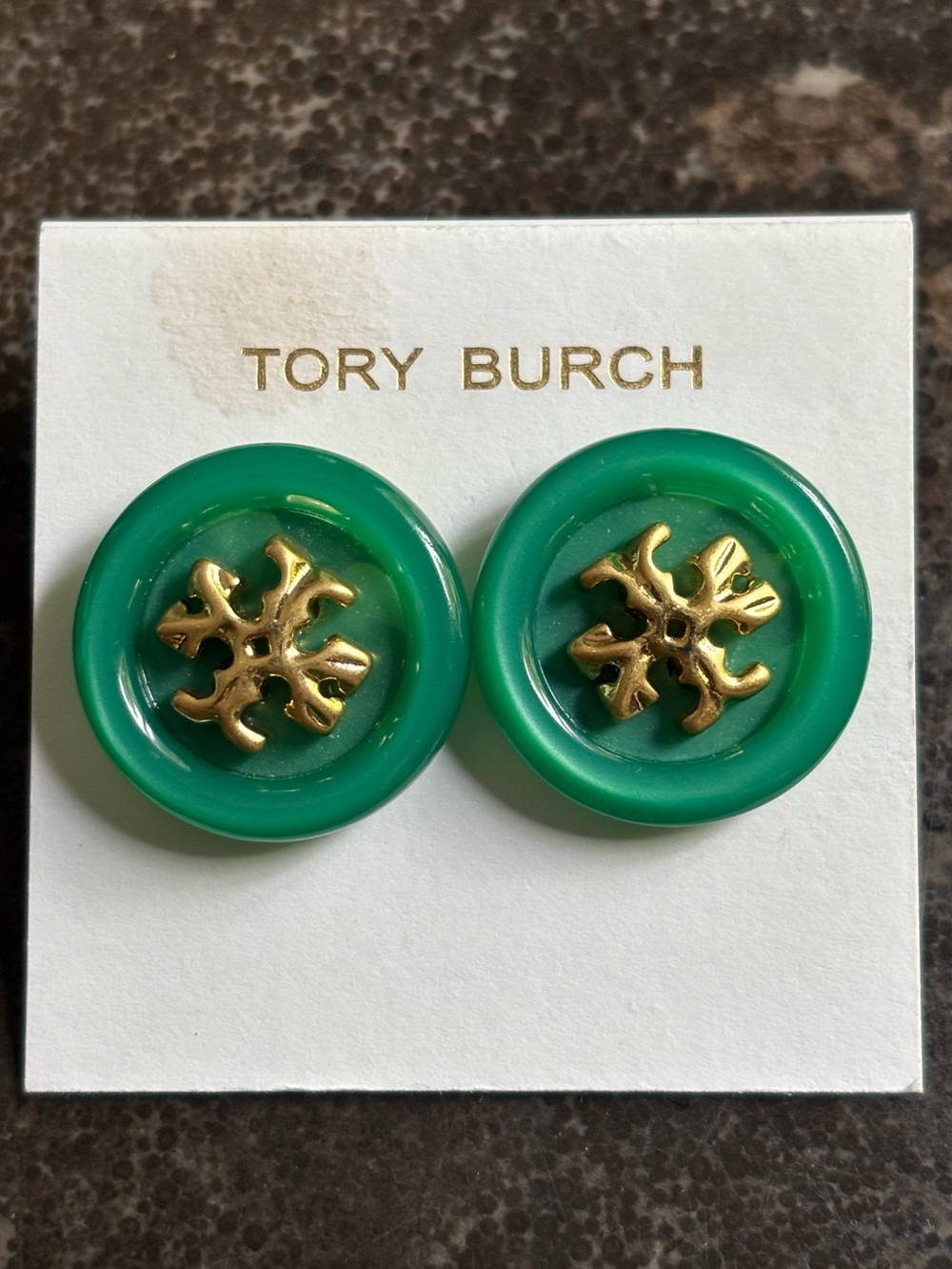 TORY BURCH ROXANNE LOGO GREEN BUTTON STUD EARRINGS